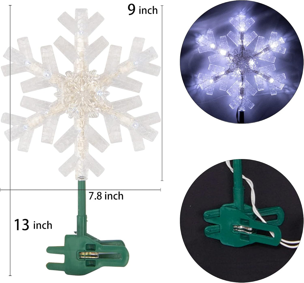 Snowflake Christmas Tree Topper, 9 inch Christmas Tree Topper Ornament with 15 White LED Lights, Lighted Tree Topper