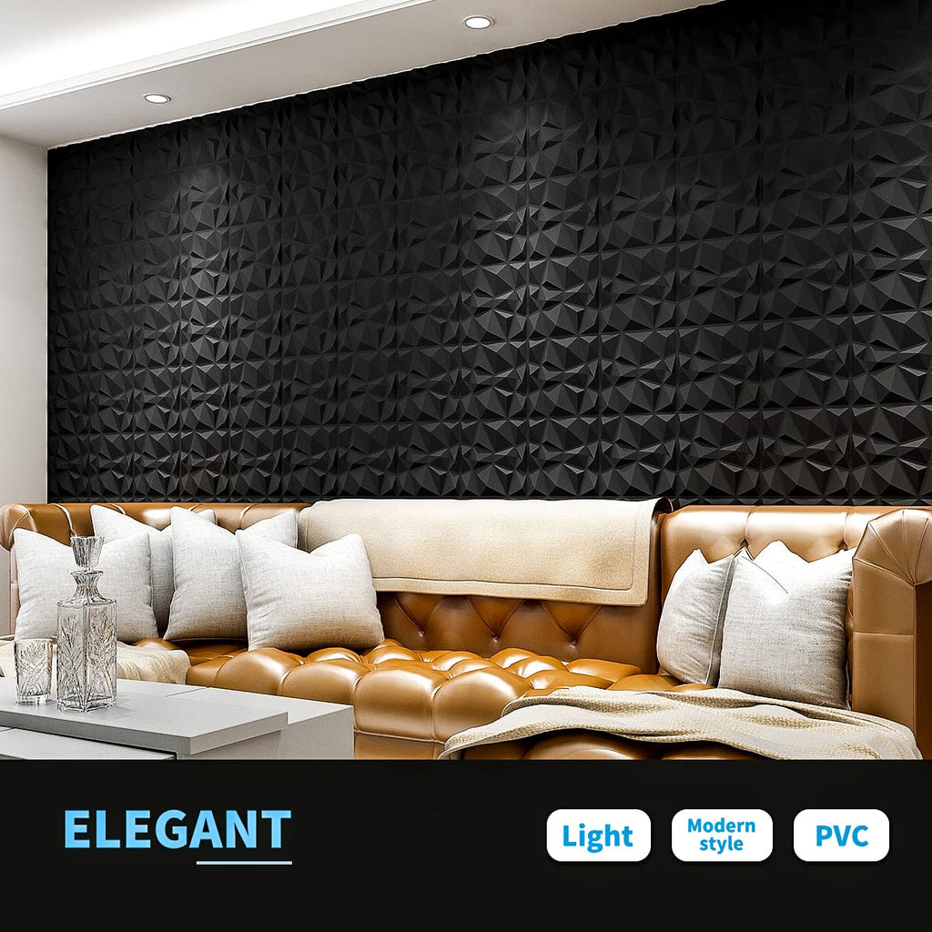 Decorative 3D Wall Panels in Diamond Design, 12"x12" Matt Black Decor (33 Pack)