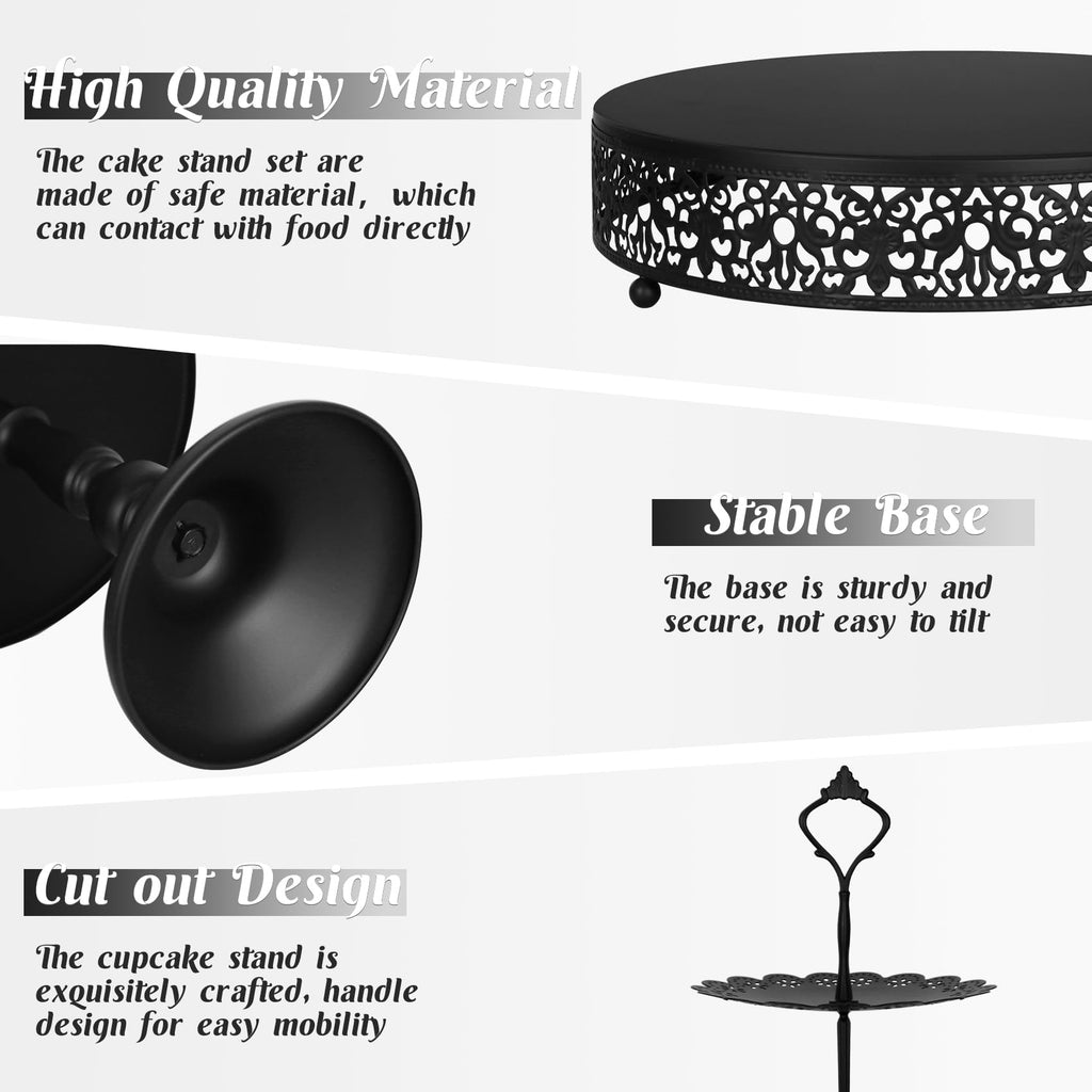 8 Pcs Cake Stand Black Metal Dessert Table Display Set, 3-Tier Cupcake Stand, Cake Display Tower and Cookie Tray Rack