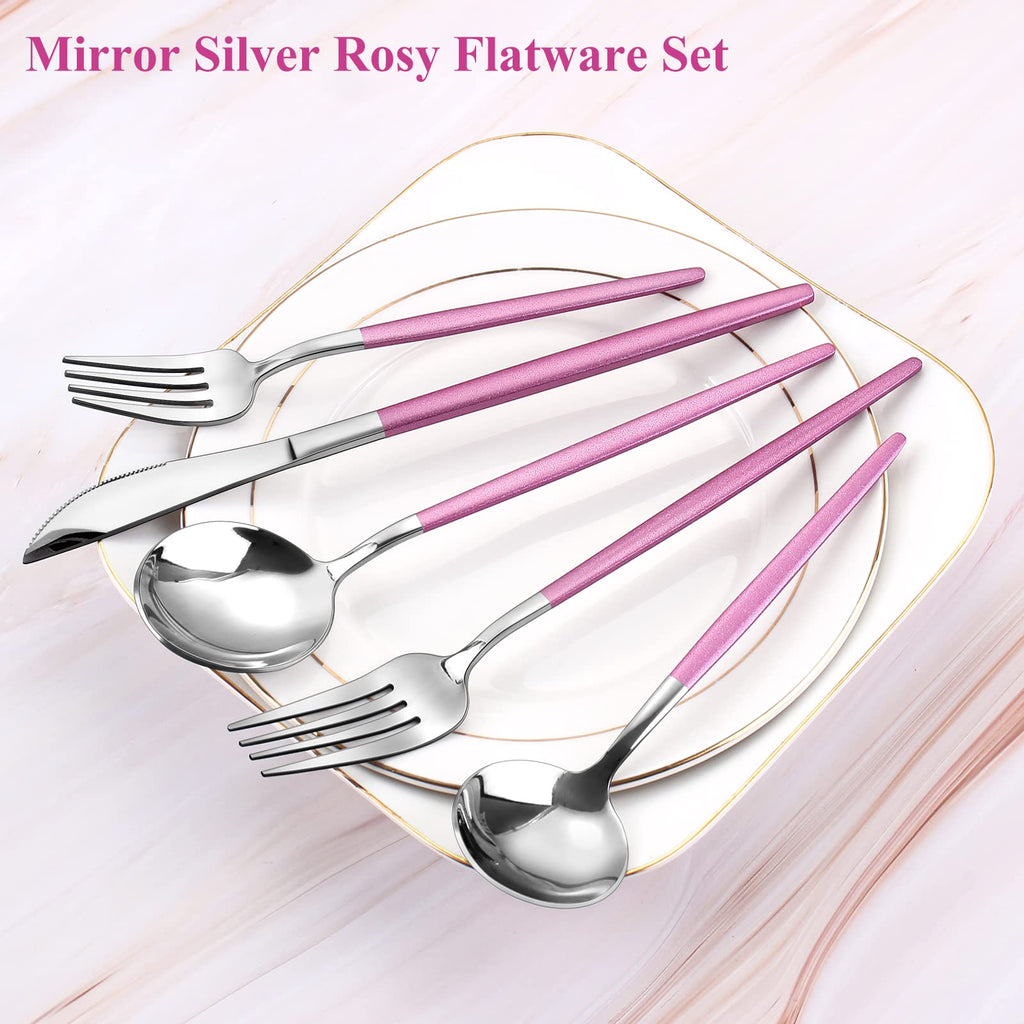 Mirror Silver Rosy Silverware Set, 20-Piece Stainless Steel Flatware Set, Satin Finish tableware Cutlery Set, Service