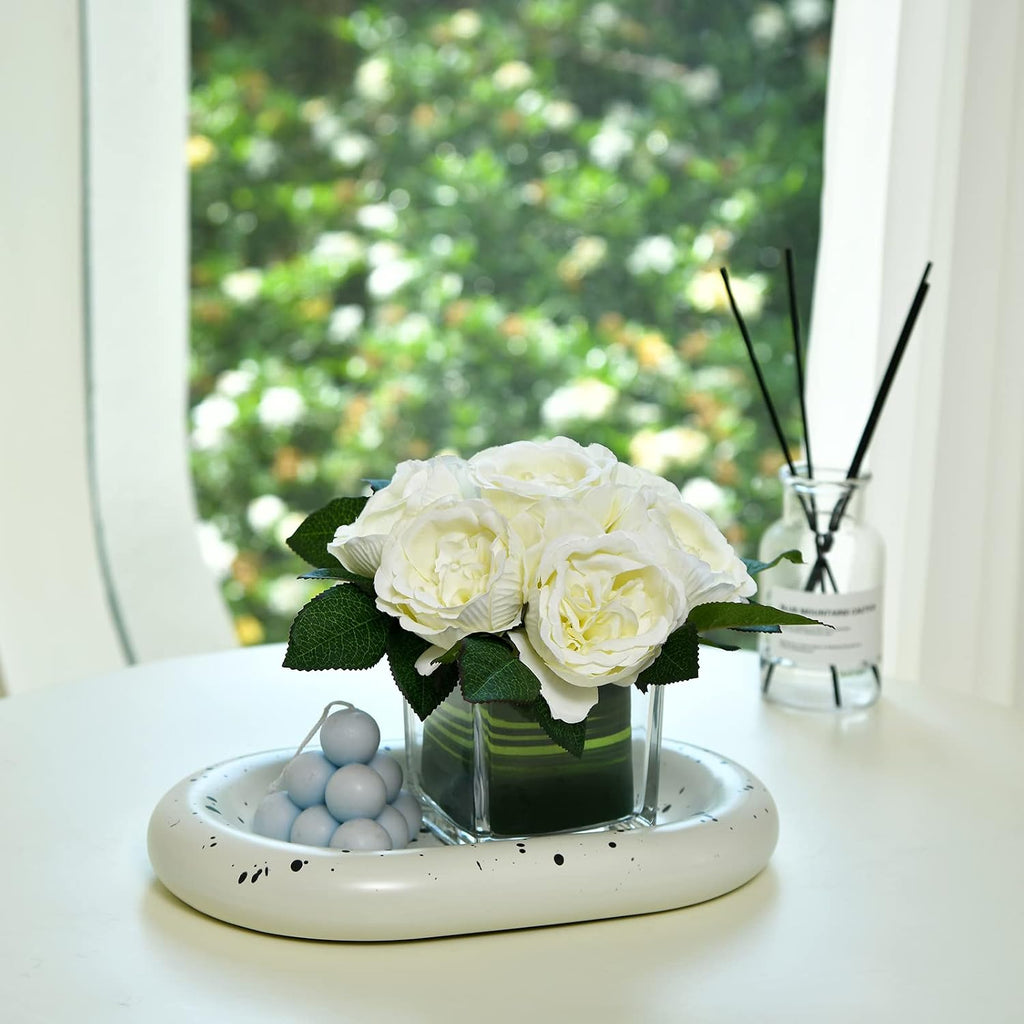 Artificial Peony Silk Flower Centerpieces Faux Floral Arrangement in Glass Vase Wedding Table Decoration (Cream)