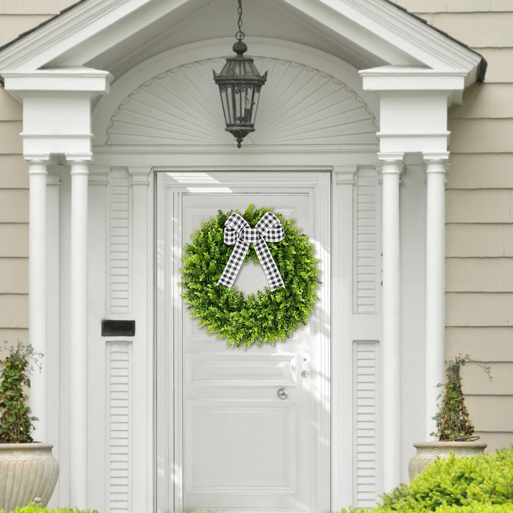 20" Boxwood Wreath for Front Door with Sash & Plaid Bow, Full Lush Artificial Greenery Wreath for Spring Summer