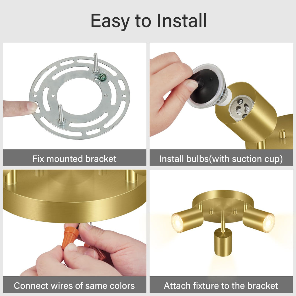 LED 3 Light Track Lighting Kit, LED Track Lighting Fixtures, Gold Round Ceiling Spot Lighting, Flexibly Rotatable