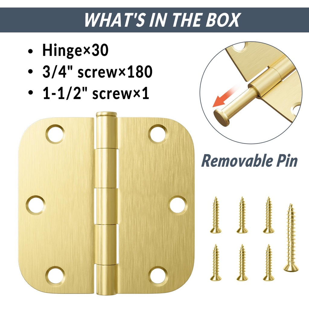 30 Pack Door Hinges Satin Brass 3.5 x 3.5 Inch Interior Door Hinge with 5/8" Radius Brushed Brass Door Hinges 3 1/2"