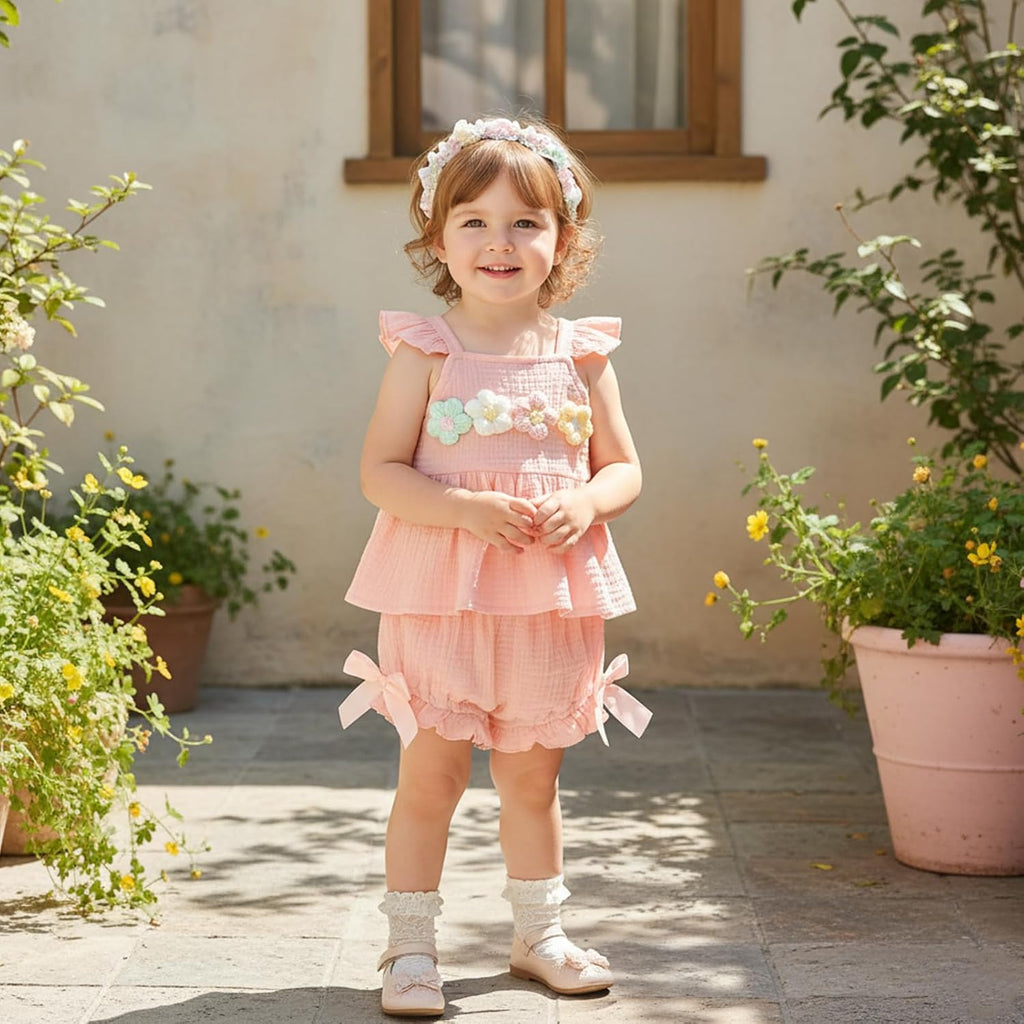 Newborn Girl Clothes Baby Summer Outfit 3D Floral Fly Sleeve Ruffle Tank Tops Matching Cute Bow Shorts Outfits Set
