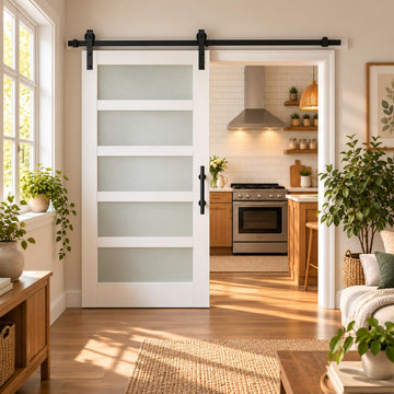 44in x 80in Glass Sliding MDF Barn Door with Sliding Door Hardware Kit, 5 Tempered Frosted Glass, Slab Inside Covered