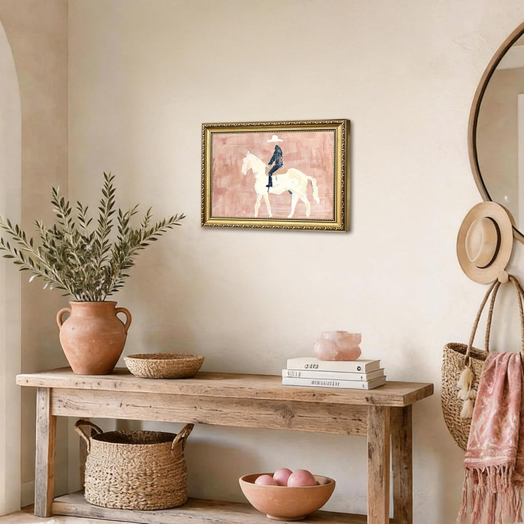 Gold Framed Western Cowboy Wall Art, Modern Abstract Cowboy on Horse Wall Decor Painting Vintage Southwestern Ranch