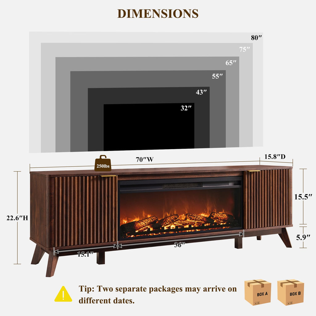 70" Fluted Fireplace TV Stand with 36" Electric Fireplace, Dark Walnut