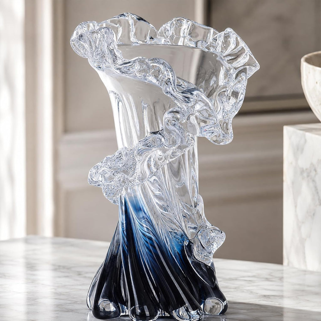 Blue White Clear Wave Vases Gradient, Murano Hand Blown Glass Vase Unique Art Decorative, for Ocean Themed Coastal
