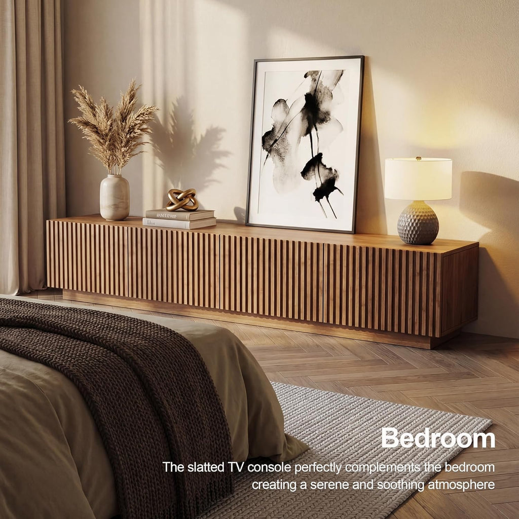 Modern 86.61" Extra Long TV Stand with Fluted Sliding Doors, Media Console Cabinet with Large Storage Compartments &