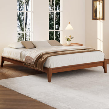 King Size Japanese Mid-Century Walnut Bamboo Wooden Bed Frame