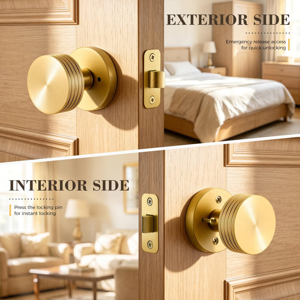 Knurled Brass Privacy Door Knob - Solid Brass Industrial Style Handle with Brushed Finish - Fixed 70mm Backset Doors