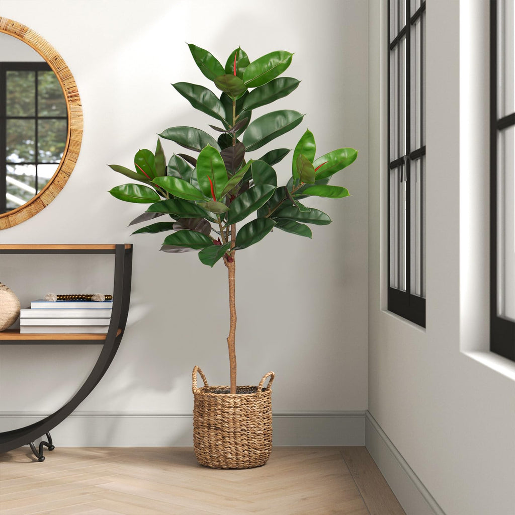 5FT Tall Fake Tree Plant Decor, Artificial Rubber Tree Indoor Floor Plant, Large Faux Ficus Tree Potted Fake Tropical
