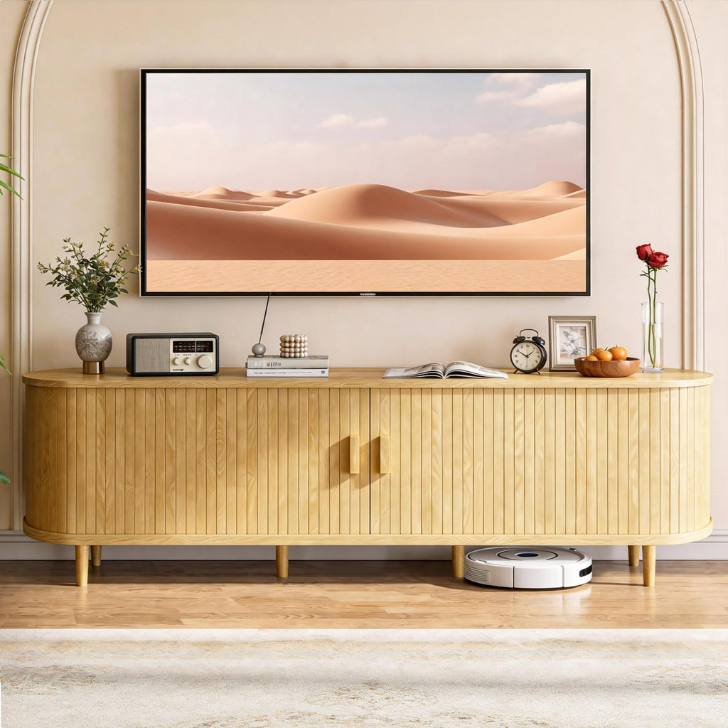 70" Mid Century Modern TV Stand with Power Outlet, Fluted Entertainment Center with Storage and Adjustable Shelves