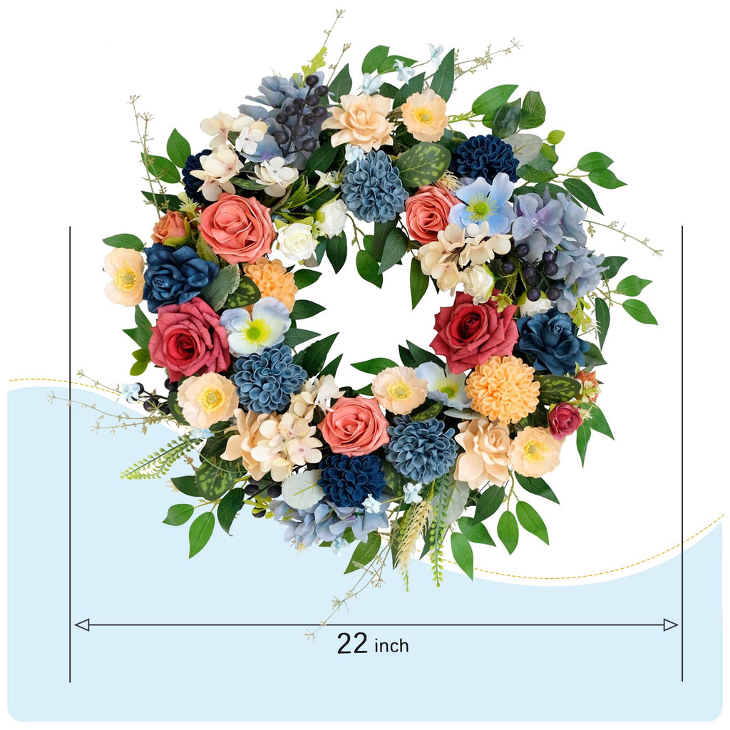22 inch Spring Wreath Artificial Flower Wreaths Spring Summer Yellow Blue Rose Hydrangea Wreaths Front Door Hallway