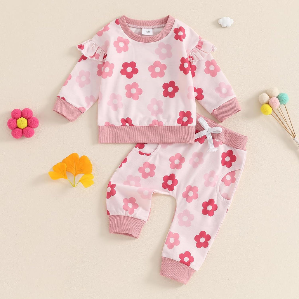 Baby Girl Fall Clothes Long Sleeve Floral Shirt Crewneck Sweatshirt Top Pocket Pants Winter Outfit Clothing Set