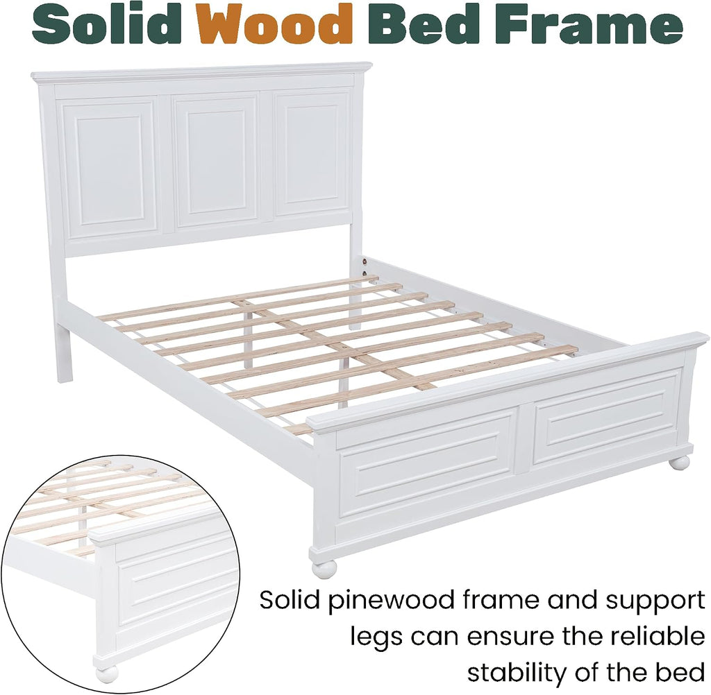 Farmhouse Queen Bed Frame with Tall Headboard and Footboard, White Wood Bed Frames Queen with Under Bed Storage