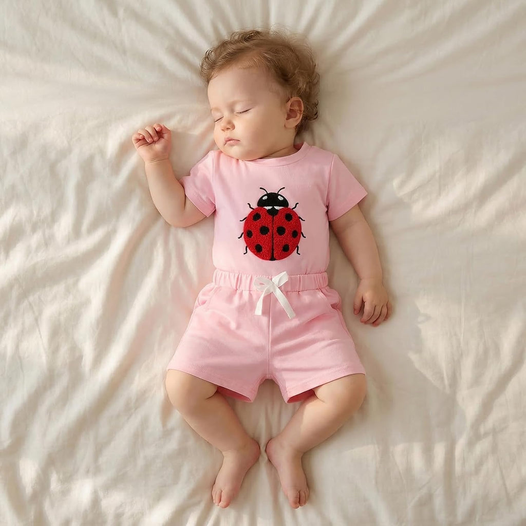 Baby Girl Boy Clothes Toddler Strawberry Shirt Sunflower/Bear/Floral Embroidery Top Shorts Set Infant Summer Outfit