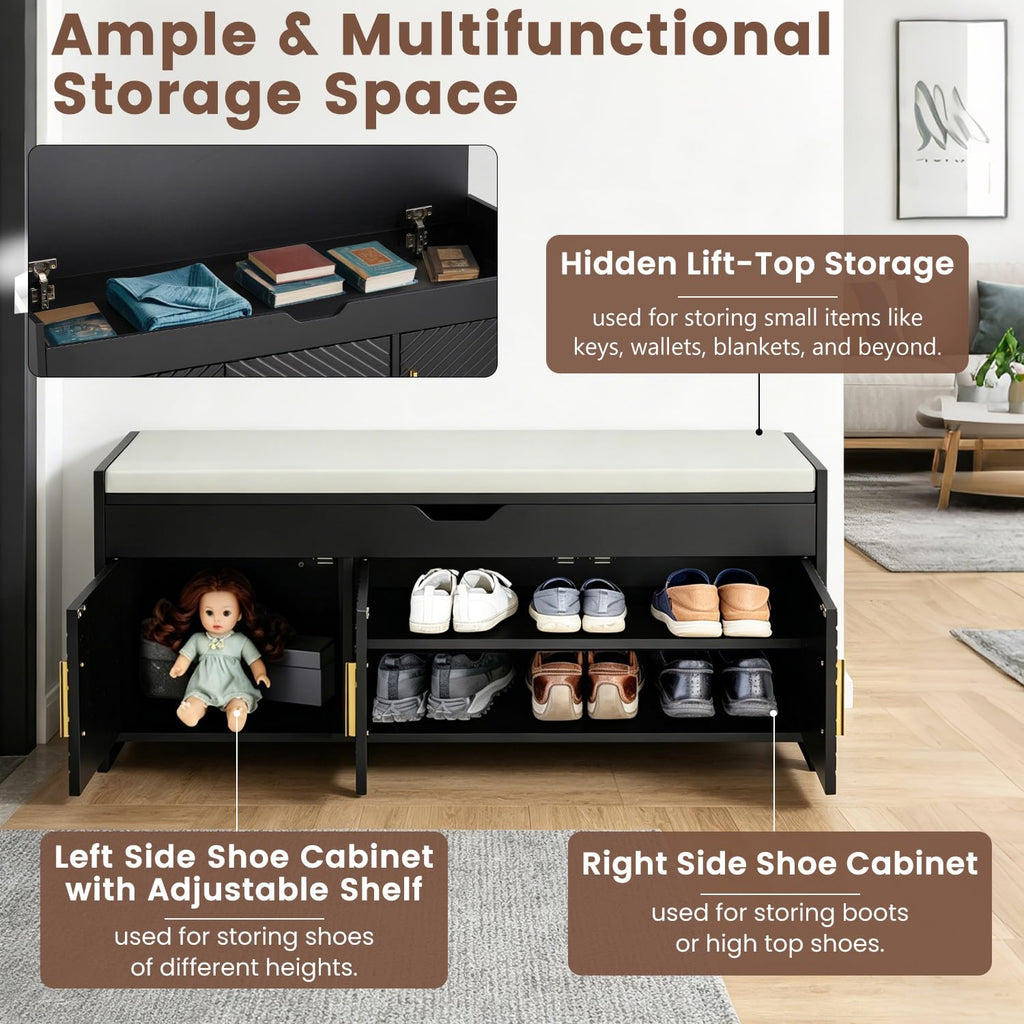 Shoe Bench with Lift Top Storage 44" Shoe Cabinet with Seat Cushion, Black