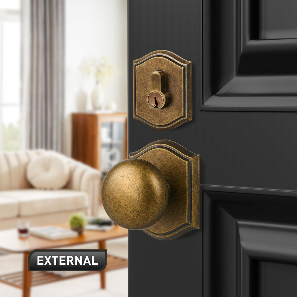 Vintage Antique Brass Door Knobs with Deadbolt Interior, Zinc Alloy