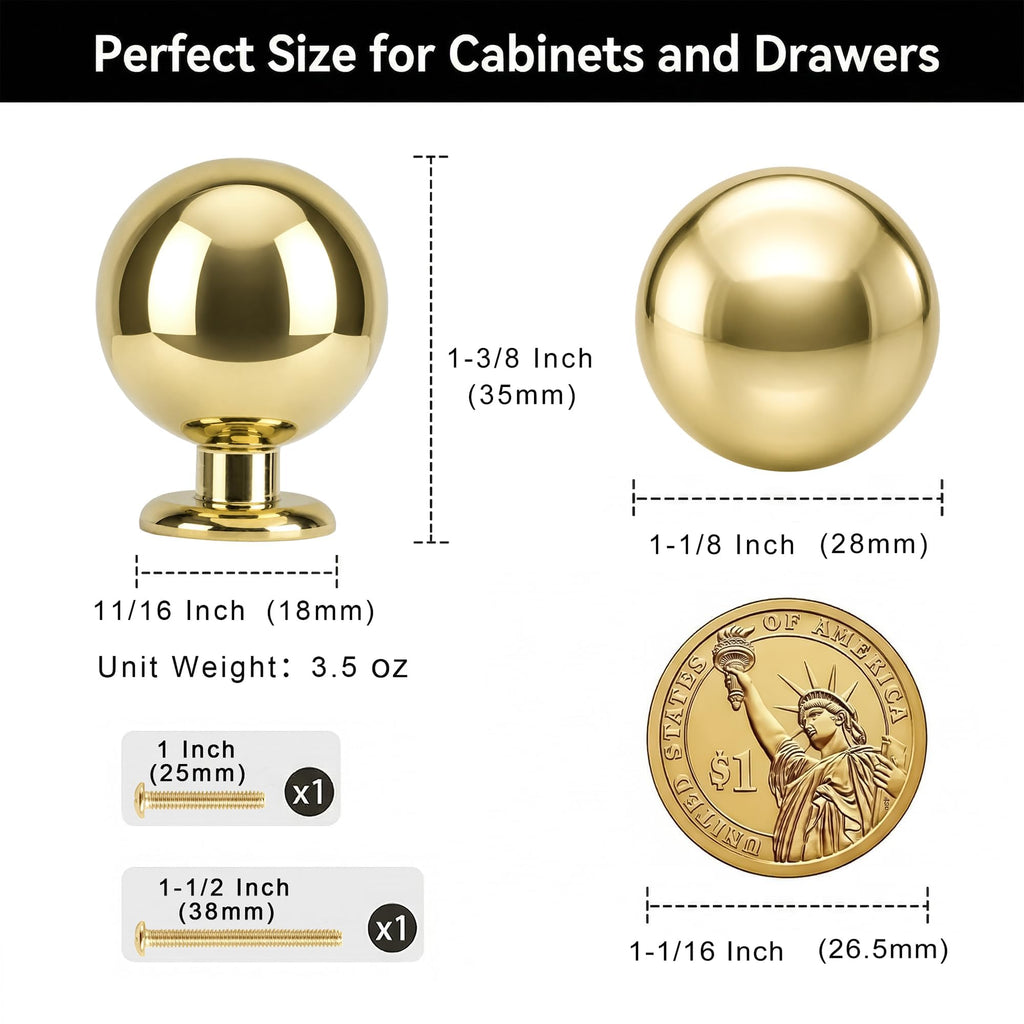 Unlacquered Brass Cabinet Knobs, Solid Brass 1-1/8 Inch