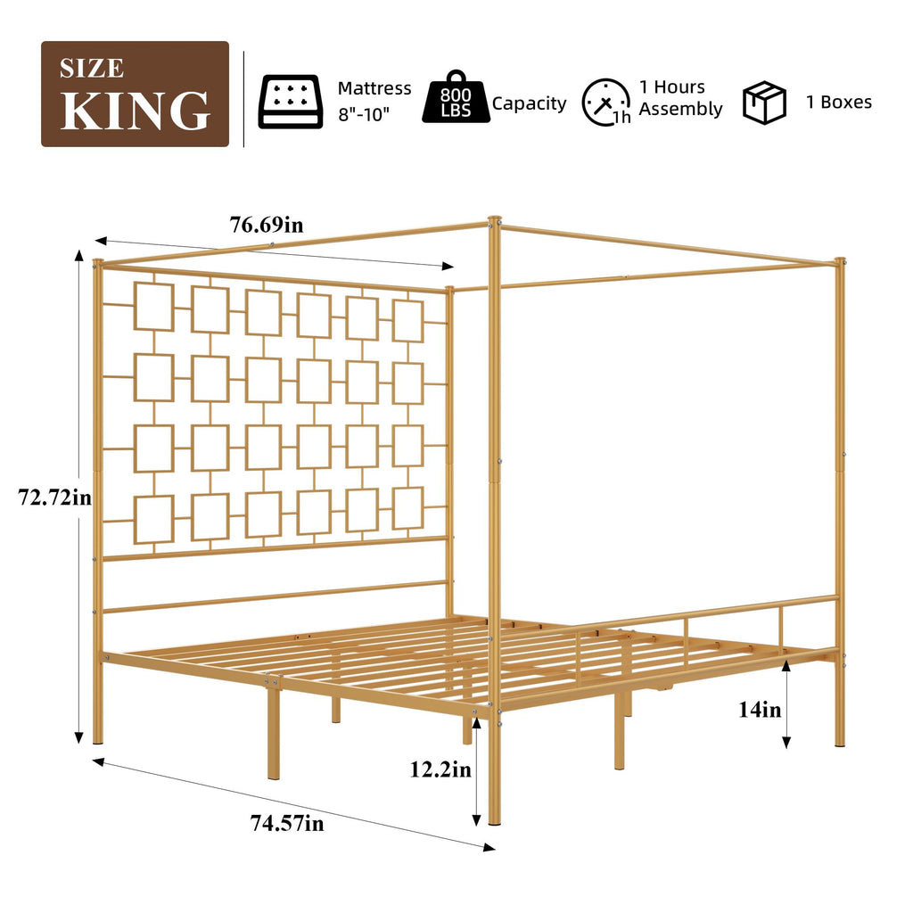 King Canopy Bed Frame, Gold Metal Bed, No Box Spring Needed