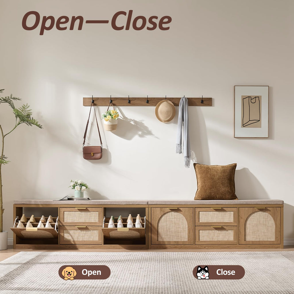 Rattan Narrow Entryway Bench with Shoe Storage, 4 Drawers & Coat Rack, Mid-Century Modern Wood Shoe Cabinet with Seat