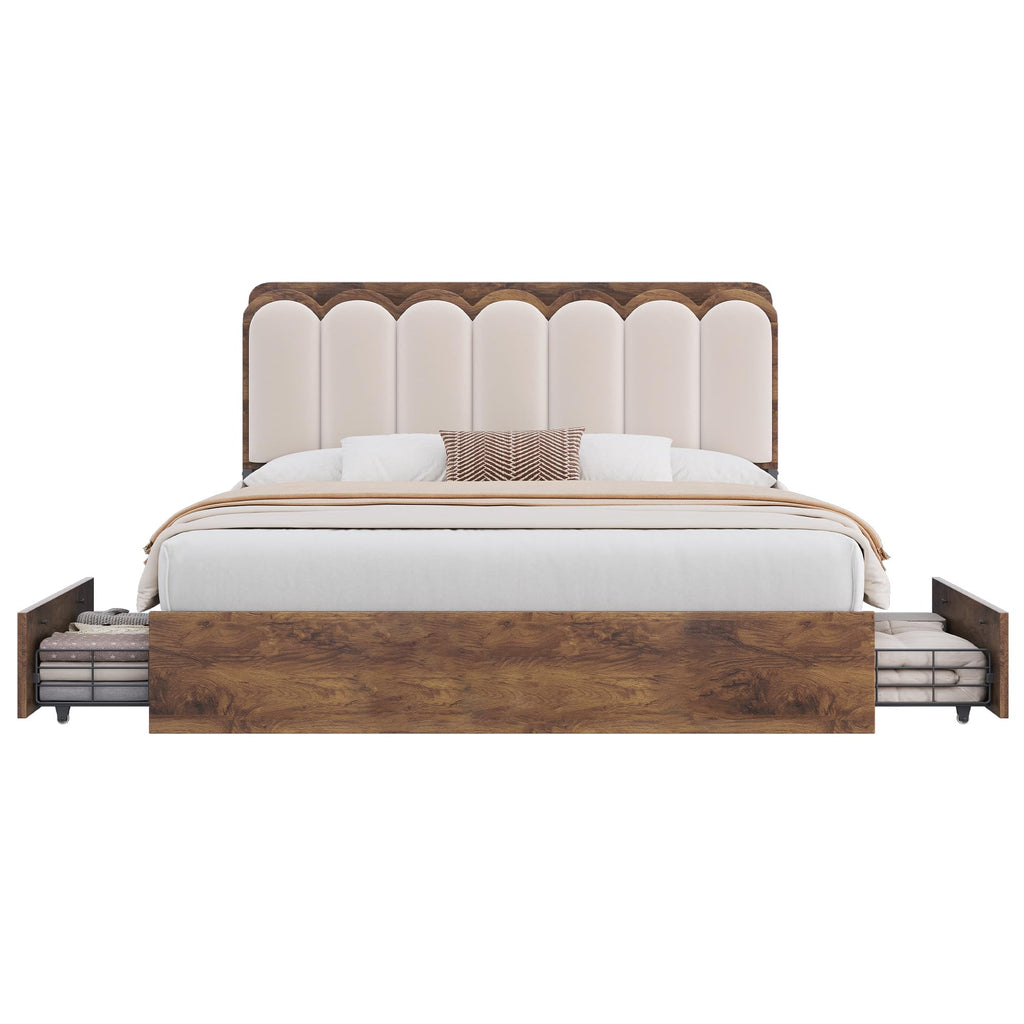 Bed Frame with 2 Storage Drawers, Charging Station & RGB LED Lights, Upholstered Storage Headboard, Cream White