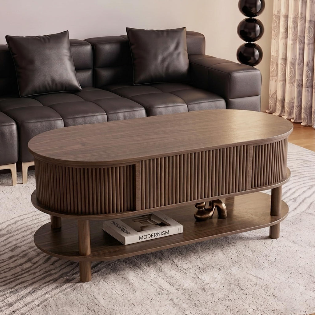 Oval Lift Top Coffee Table with Storage, 41" Fluted Coffee Table with Open Shelf, Mid Century Modern Center Table