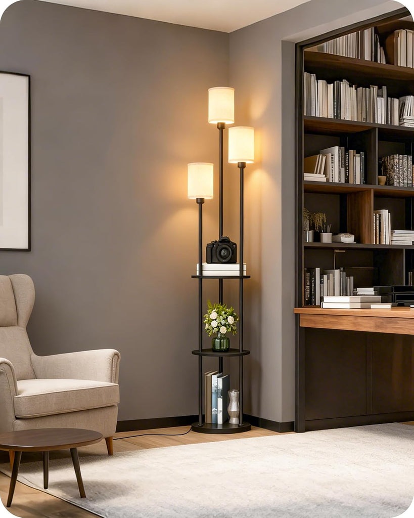 Floor Lamp with Shelves, Modern Floor Lamp with 3 Linen Shades and Foot Switch, 3-Light Standing Lamp