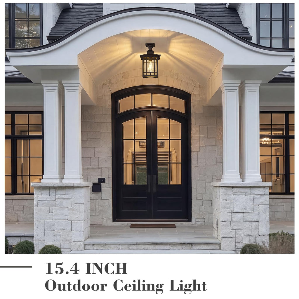 Outdoor Semi Flush Mount Ceiling Light Fixture, 15.4 Inch Black Porch Light Ceiling Mount with Clear Glass for Proch