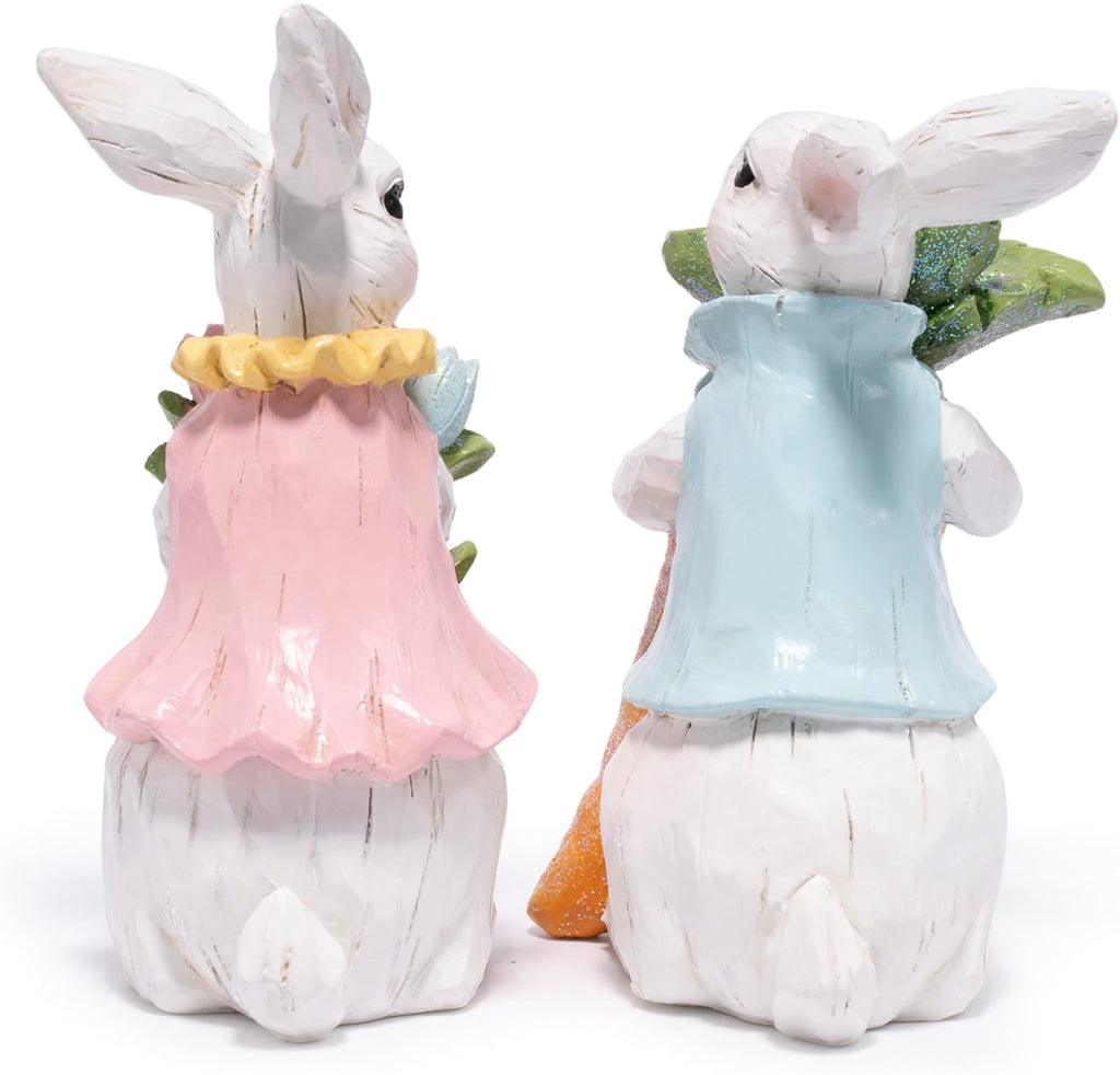 Easter Bunny Decorations Resin Rabbit Figurines with Carrot & Tulip Bouquet, Spring Indoor Decor Bedroom - Set of 2