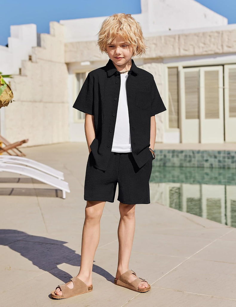 Boys 2 Pieces Summer Outfits Short Sleeve Button Down Shirts and Shorts Sets for Kids Vacation Beach Wear
