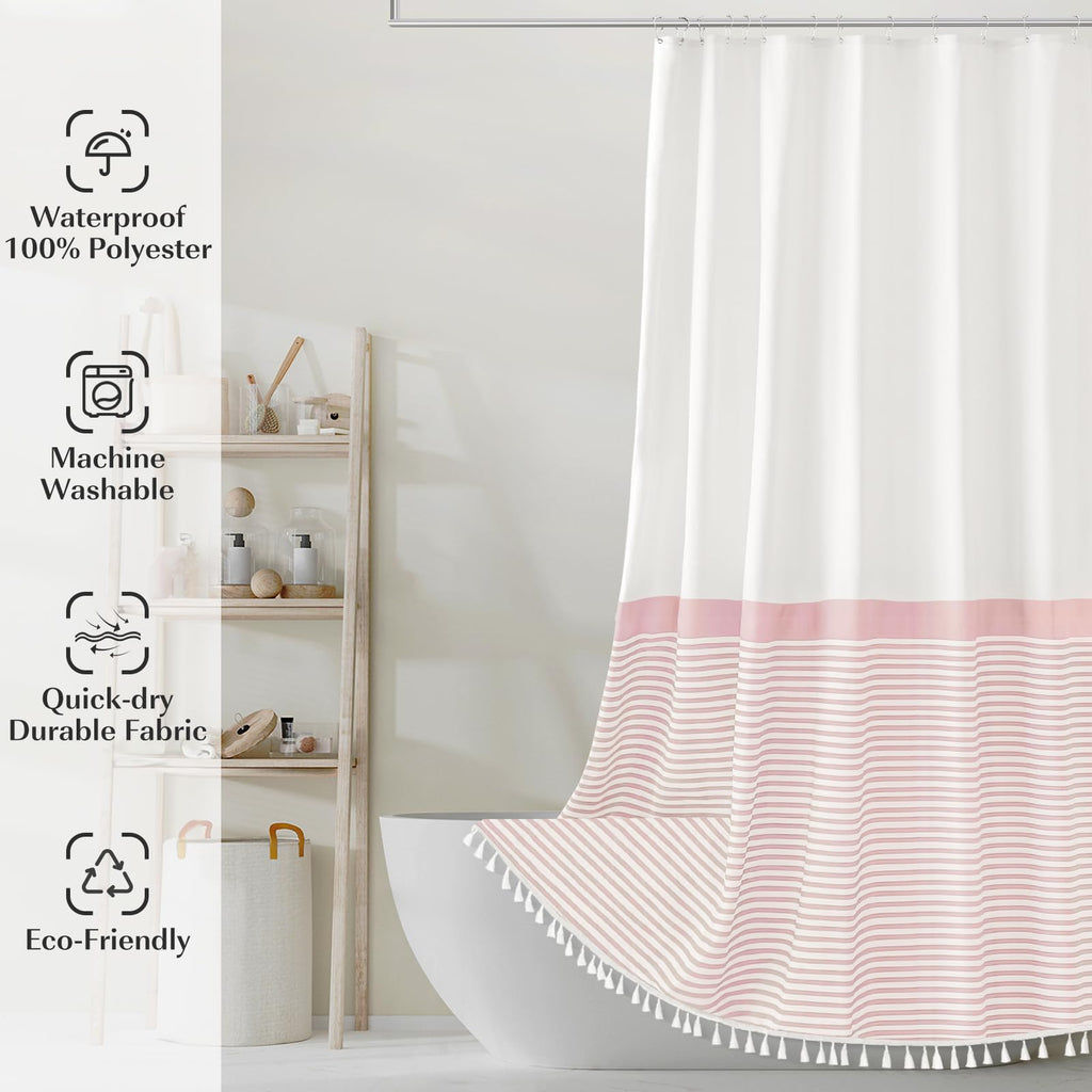 Pink Tassel White Fabric Long Decor, Striped Shower Curtains, 84 Inch Shower Curtains Waterproof 72 x 84