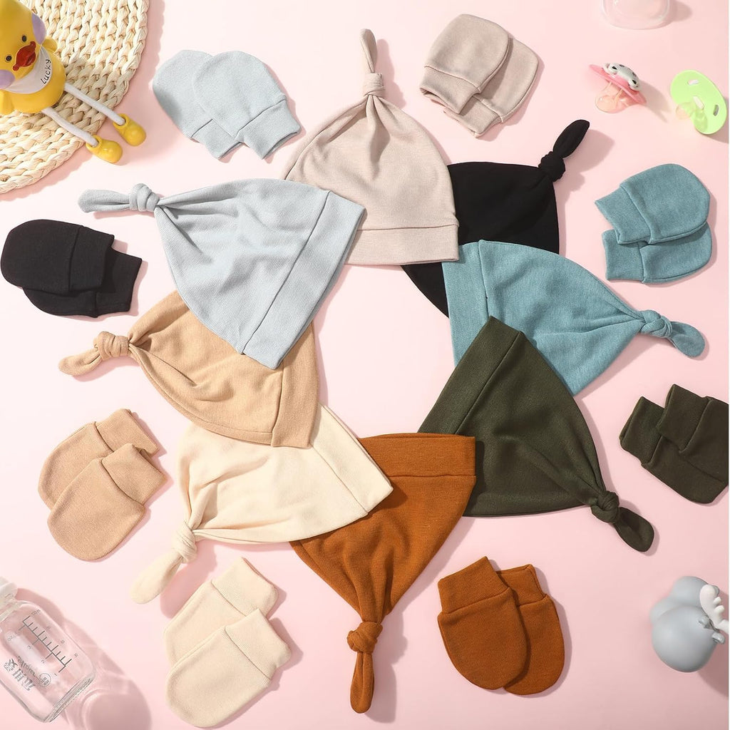 10 Set Newborn Mitten and Hat Knot Beanie 0-6 Months Unisex