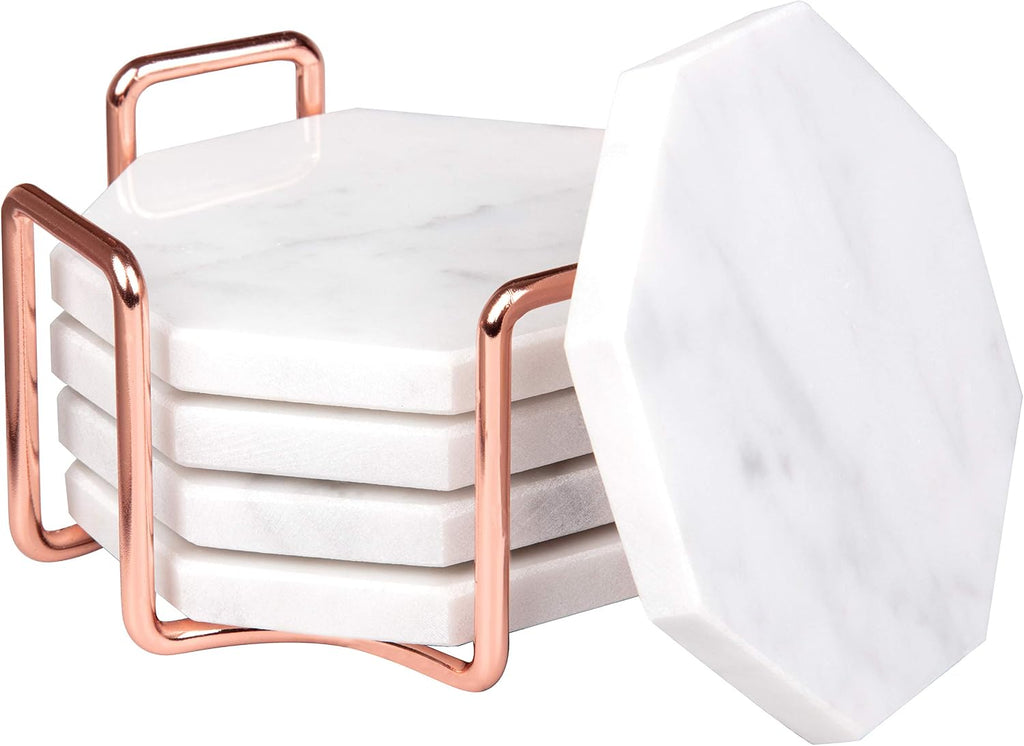 White Carrara Marble Tabletop Coasters with Storage Holder - Set of 5
