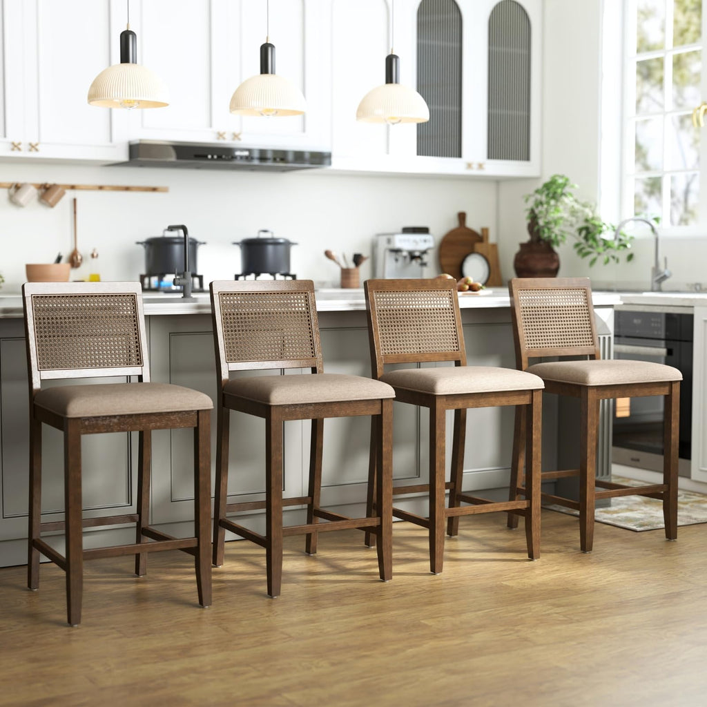 26" Rattan Bar Stools Set of 4, Farmhouse Chenille Upholstered Counter Height Stools with Cane Woven Back, Mid