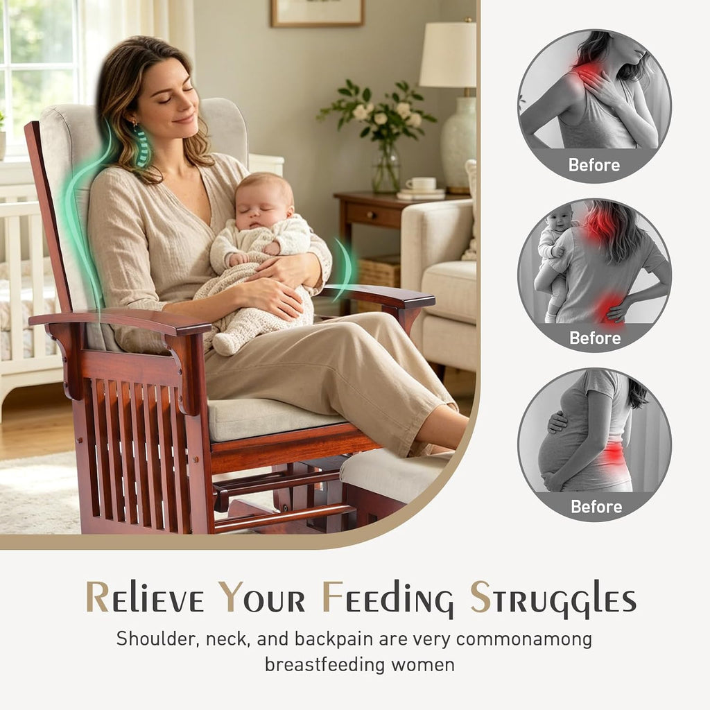 Glider Rocking Chair for the Nursery with Ottoman, 3A Solid Rubberwood Frame, Smooth-Gliding Rocking Chair Easy to