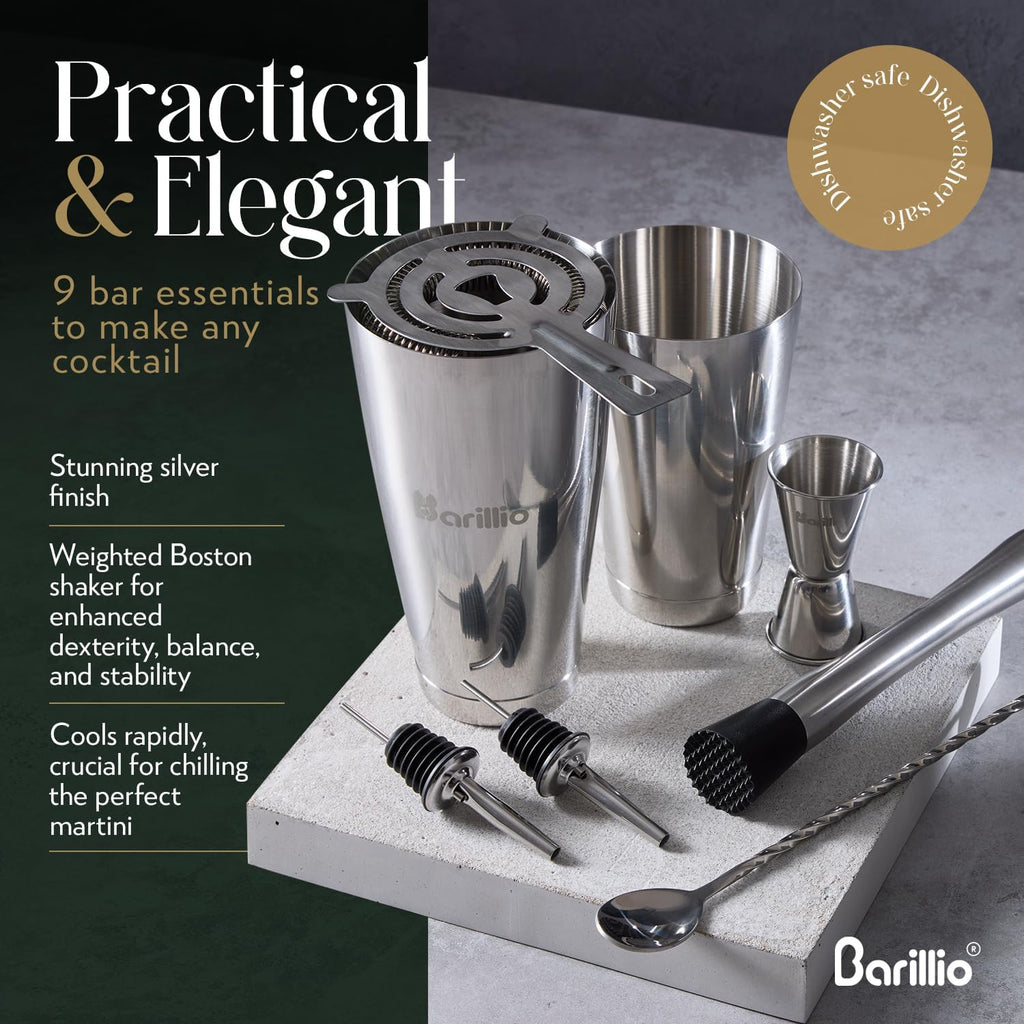 Boston Shaker Set - Stainless-Steel, Weighted, Martini Cocktail Shaker Set w/Strainer & Mixer - Mixology Bartender - Set of 9