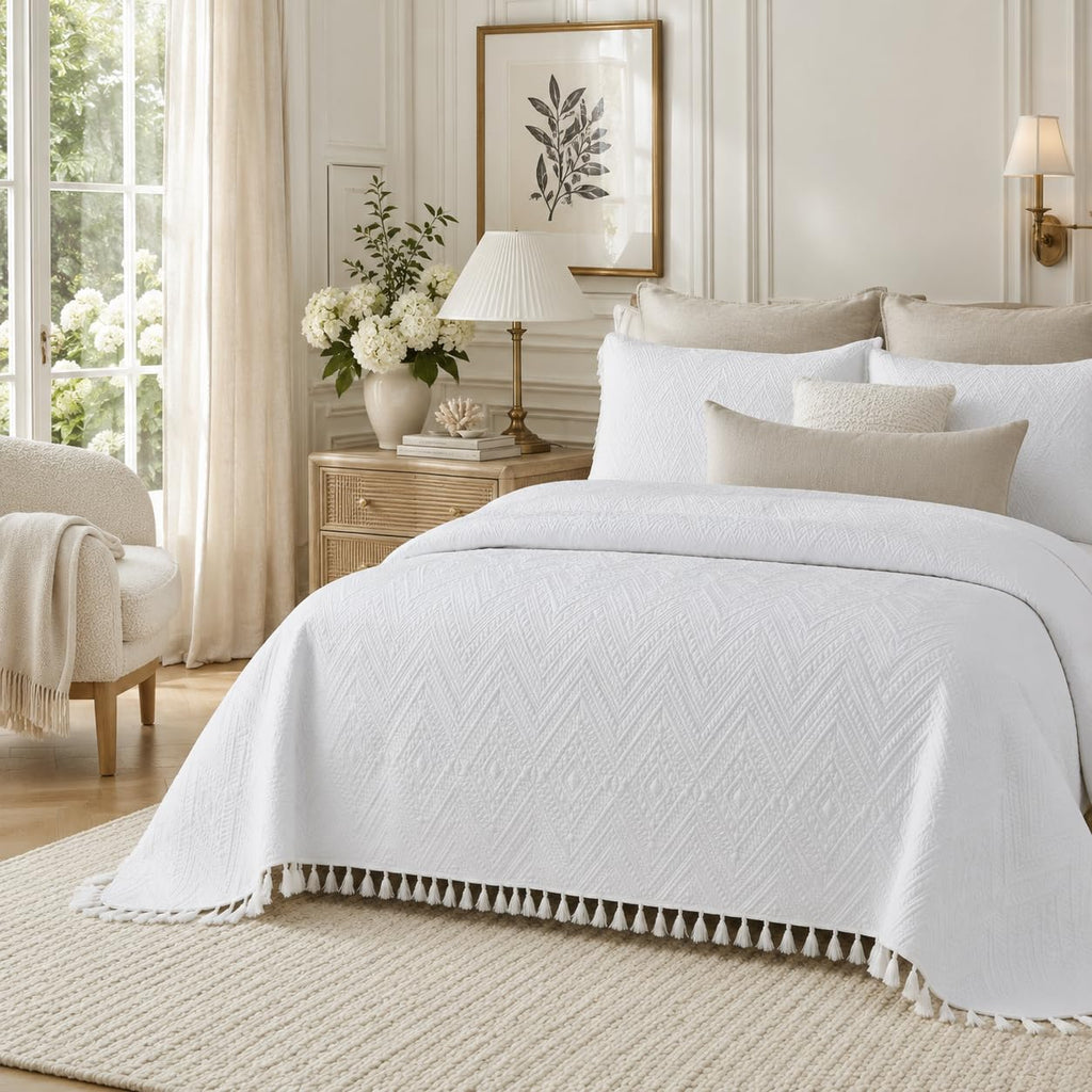 Luxury Bohemian Bedding Cotton Quilt Set King Size White Boho Matelasse Coverlet Set Hand-Finished Tassel Edges 3