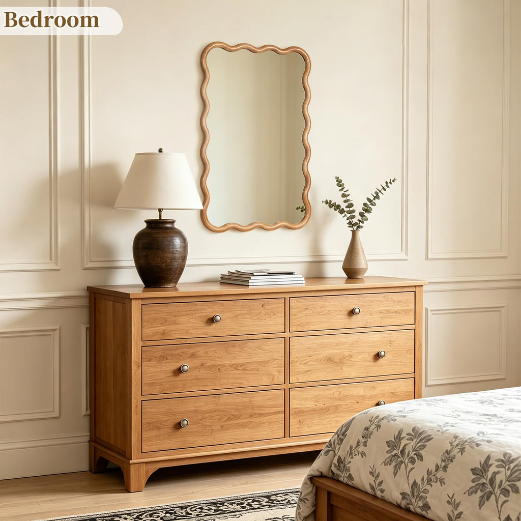 24"x36" Wavy Wood Mirror, Rectangular Wall Mirror with Natural Wooden Frame, Boho Farmhouse Country Bathroom Vanity