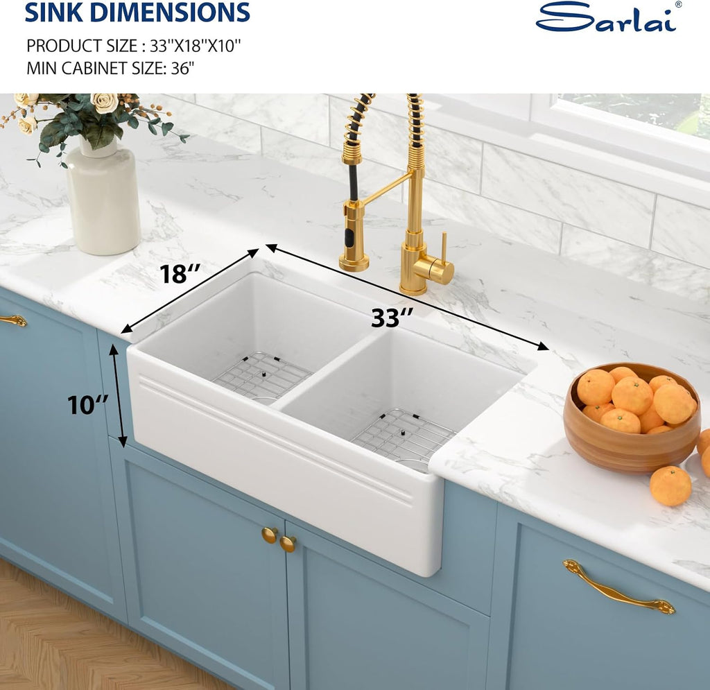 33 White Farmhouse Sink Double Bowl - 33x18 Inch Kitchen Sink Apron Front Double Bowl 50/50 White Porcelain Ceramic