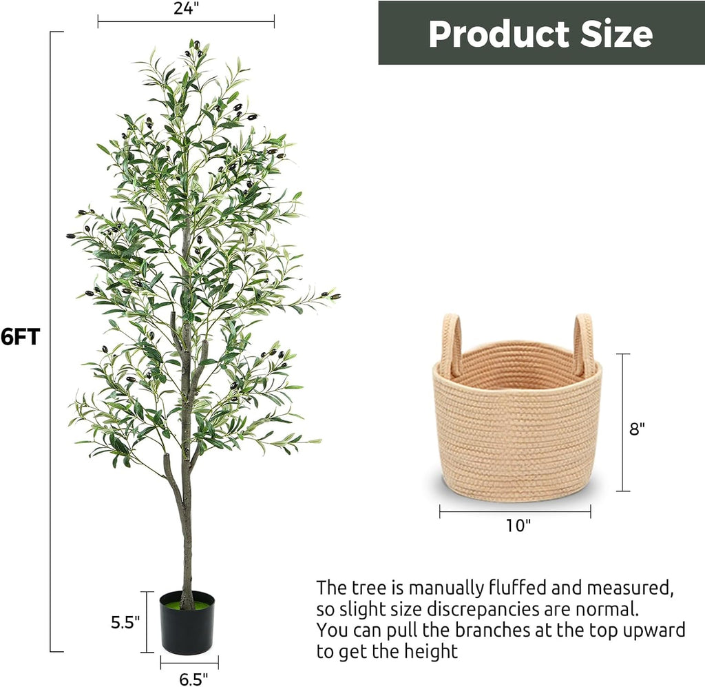 Olive Trees Artificial Indoor 6FT, Faux Olive Tree with Woven Basket & Natural-Looking Wood Trunk, Realistic Leaves &