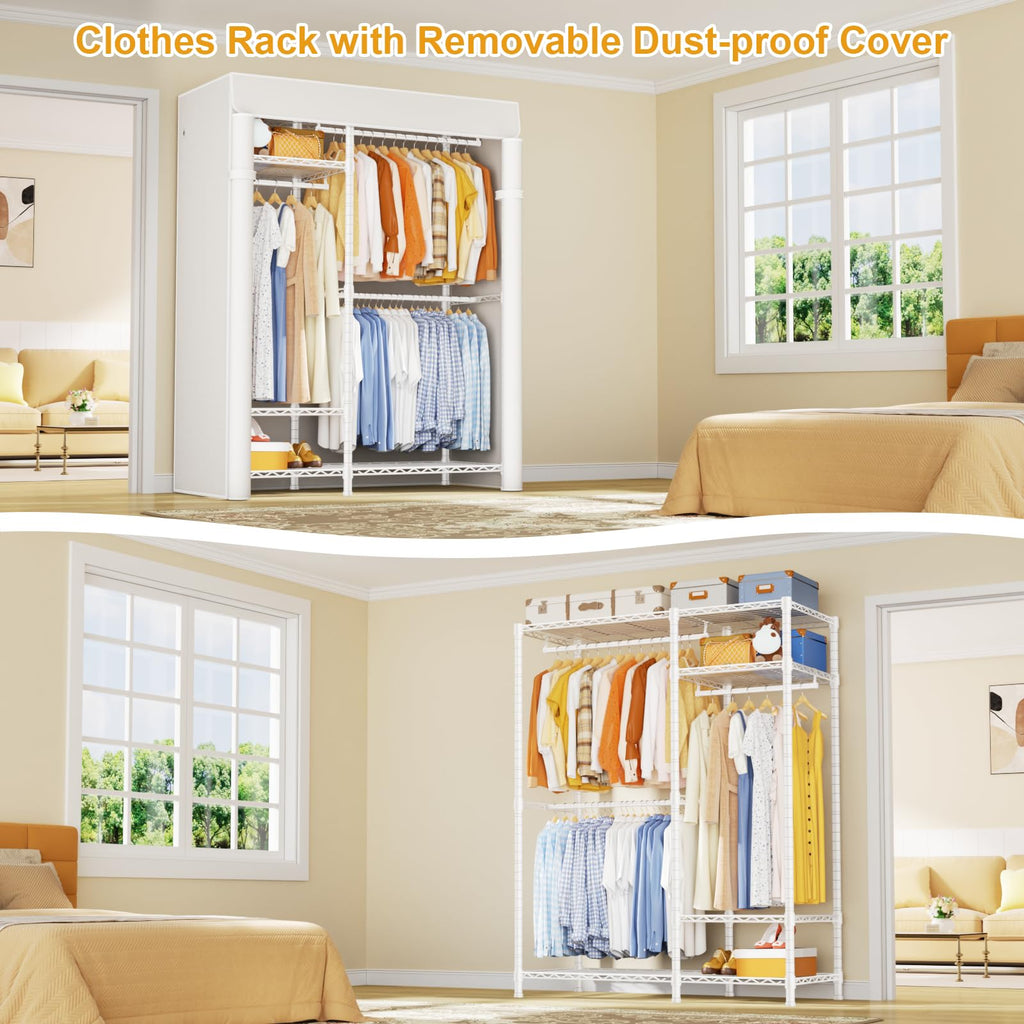 F7C Medium Clothes Rack with Cover, 4-Tier Covered Clothing Rack
