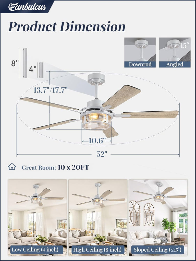 52 Inch Ceiling Fan with Light and Remote,Downrod Mount Farmhouse Ceiling Fan , Quiet 6-Speed Reversible DC Motor