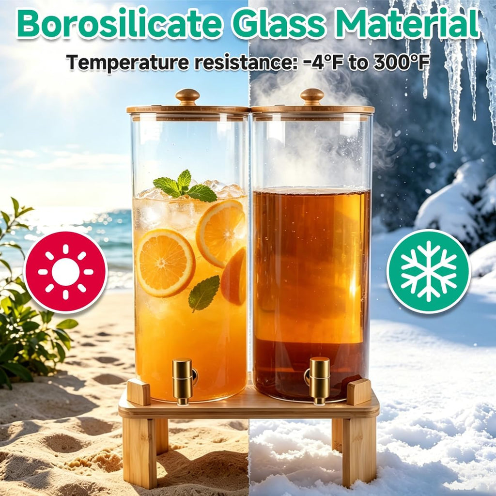 Gallon (4 gallon) Beverage Dispenser With Bamboo Wood Stand,Large Glass Drink Dispenser for Parties,Large - Set of 2