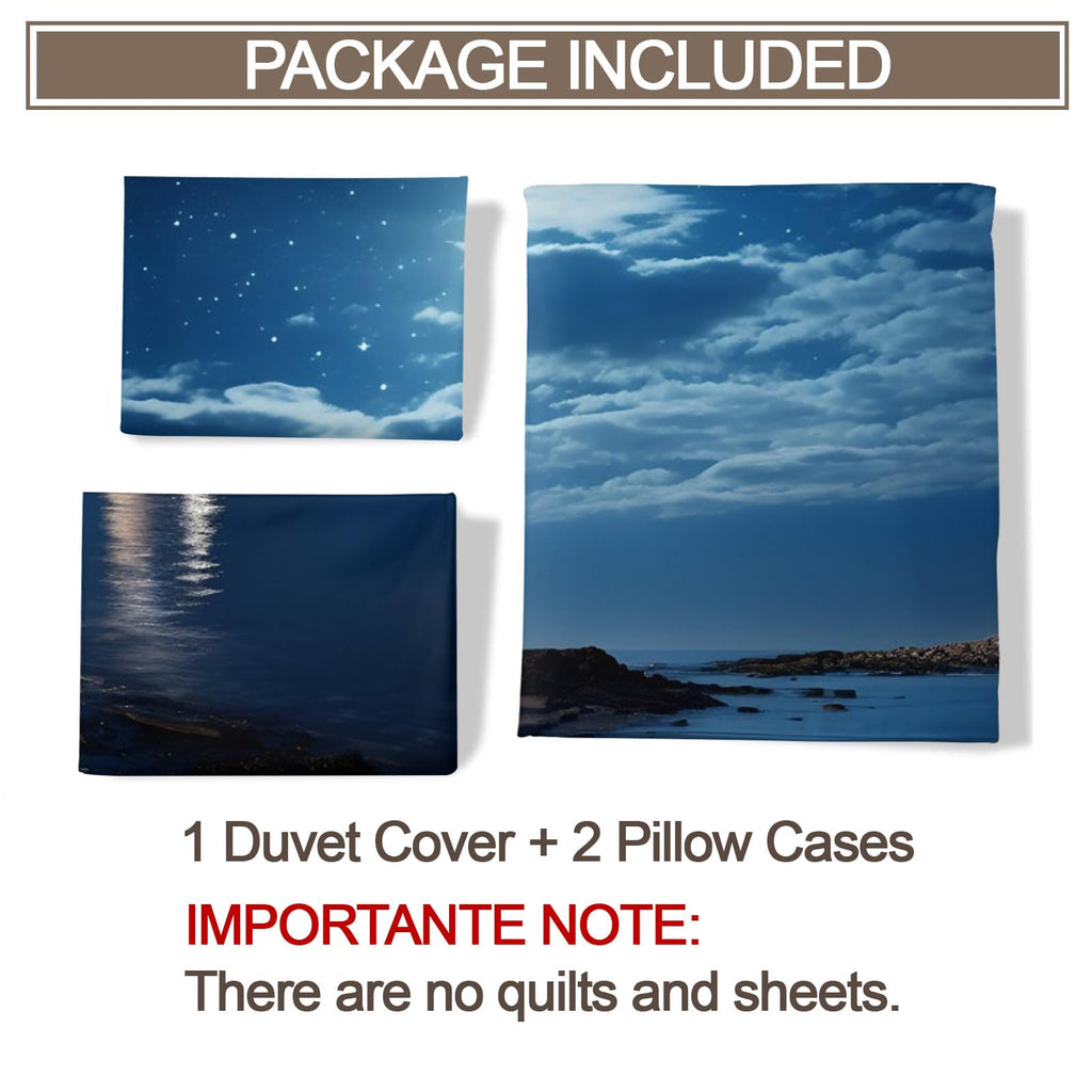 Lighthouse Bedding Set, Night View Bedding Rocky Beach Duvet Cover Microfiber Comfy Comter Cover with 2
