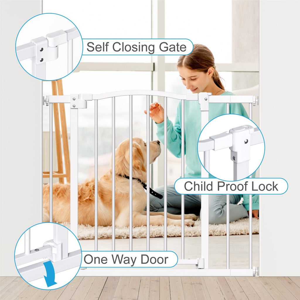 Great Gates Pet Gate - Durable Steel Gate for Stairs - Self-Closing Door & 2-Step Child Proof Lock - Wall-Friendly