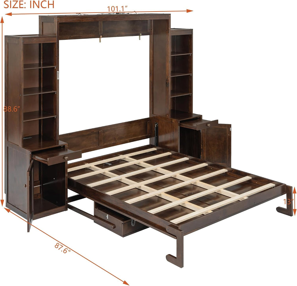 Murphy Bed with Desk, Storage Cabinets and Drawers, Wood Wall Bed with Shelves, Convert to Cabinet, Space-Saving