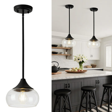 2 Pack Pendant Lights Kitchen Island, Modern Black Pendant Light Fixtures with 8.5" Clear Glass Shade, Industrial